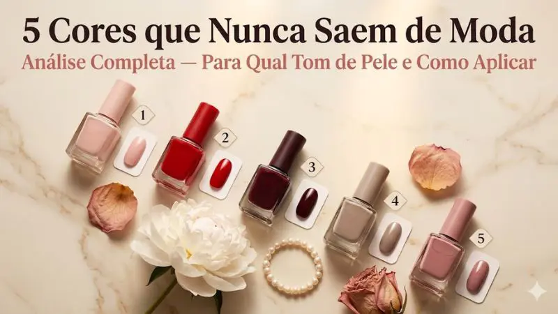 Flat lay editorial com os cinco frascos de esmalte atemporais numerados e swatches de cor em formato oval ao lado de peônia branca e pérolas representando estilo atemporal