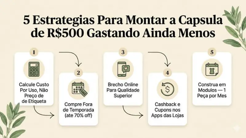 Infográfico com 5 estratégias para esticar orçamento do guarda-roupa capsula: custo por uso, fora temporada, brecho, cashback e módulos