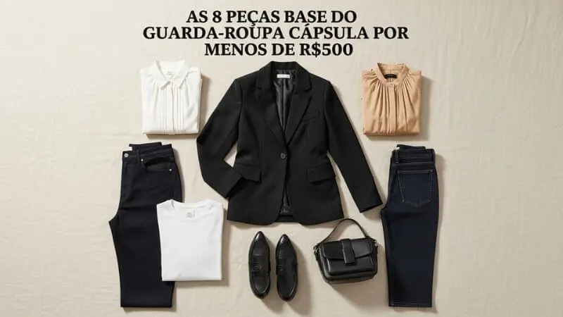 Flatlay editorial com as 8 peças essenciais do guarda-roupa capsula econômico por menos de R$500 em tons neutros
