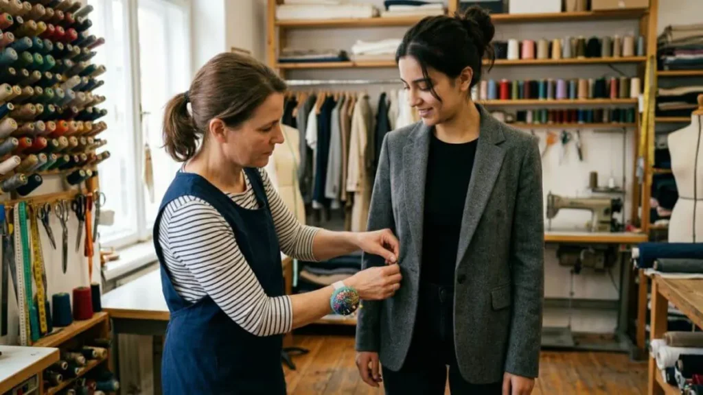 Costureira ajustando blazer cinza para garantir o caimento perfeito.