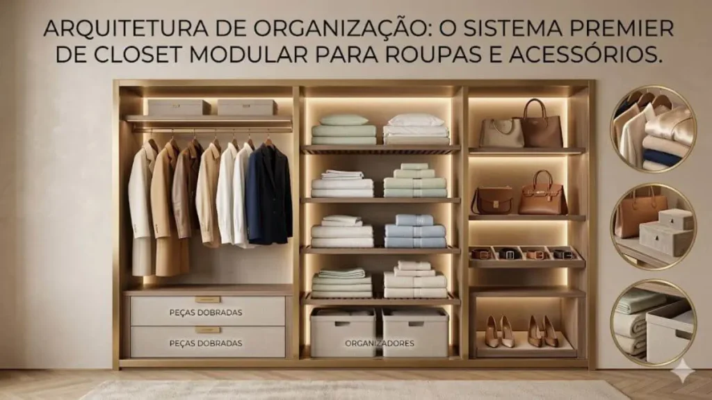 Infográfico de organização de closet modular em tons de bege e dourado, mostrando seções para peças dobradas, organizadores, bolsas e sapatos de luxo. Design clean com iluminação embutida focado em elegância real.