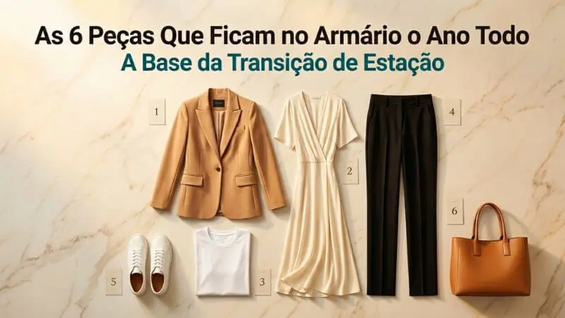 Vista aérea de 6 peças essenciais: blazer, vestido bege, t-shirt branca, calças pretas, sapatilhas brancas e mala de pele, representando a base de um armário cápsula.