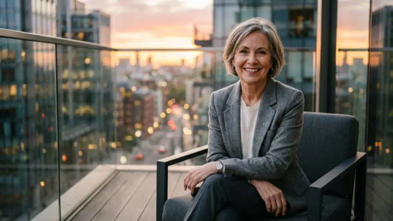 Retrato de mulher de 60 anos, sorrindo com confiança, vestindo look monocromático cinza e branco em um ambiente urbano ao pôr do sol.