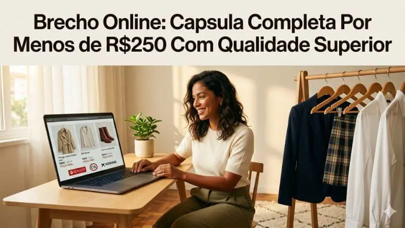 Mulher brasileira comprando no brecho online para montar guarda-roupa capsula por menos de R$250 com qualidade superior