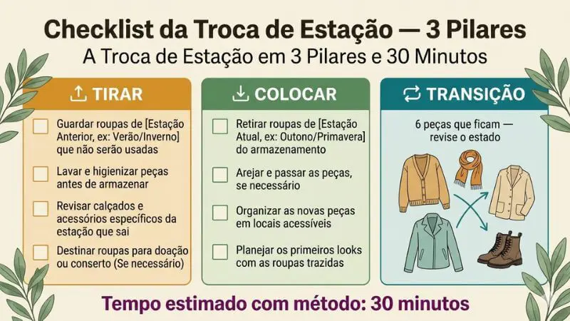 Infográfico com fundo marfim e detalhes botânicos apresentando os três pilares da troca de estação: Tirar (âmbar), Colocar (verde) e Transição (azul-petróleo).
