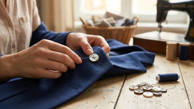Mãos de mulher costurando um botão de madrepérola em um blazer marinho, substituindo botões de plástico baratos.