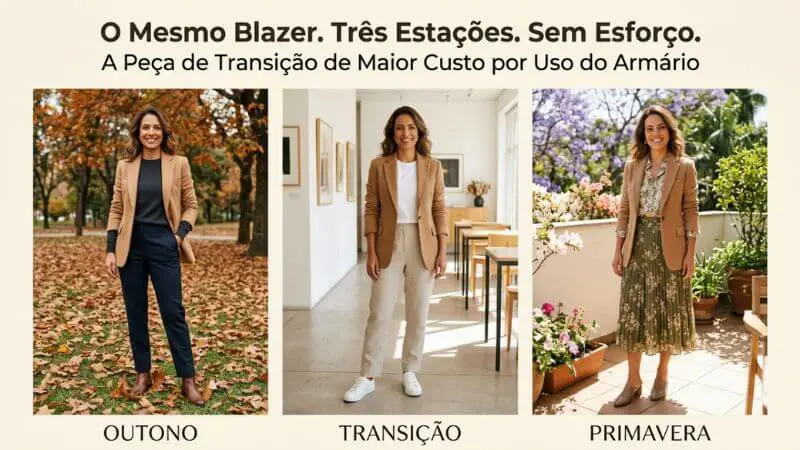 Montagem de três fotos da mesma mulher usando o mesmo blazer bege em diferentes cenários: um parque no outono, uma galeria de arte (transição) e um jardim na primavera.