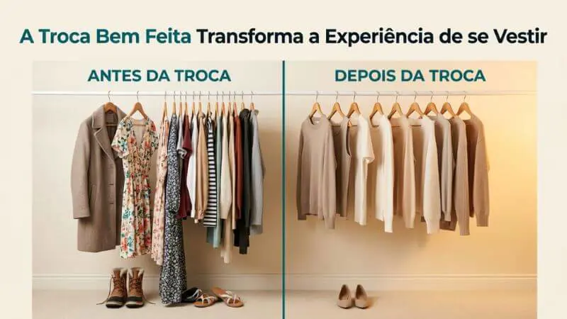 Comparativo de um guarda-roupa: o lado esquerdo mostra roupas misturadas e desorganizadas (antes); o lado direito mostra peças em tons neutros, alinhadas e organizadas por tipo (depois).