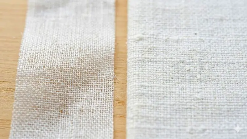 Close-up comparando a transparência de um tecido de poliéster barato com a opacidade de um linho premium encorpado.