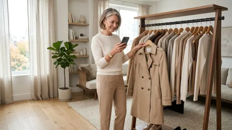 Mulher de 50 anos, elegante, olhando um arara de roupas e segurando um celular com a página da Amazon aberta, em um apartamento moderno.