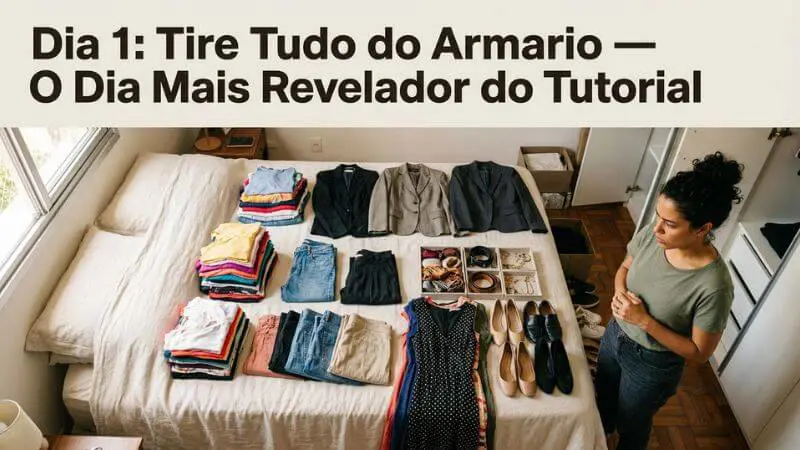 Cama coberta com todo o conteúdo do armário organizado em categorias no Dia 1 do tutorial de capsula minimalista 7 dias