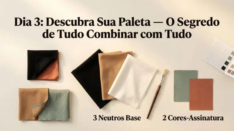 Flatlay de paleta pessoal para guarda-roupa capsula minimalista com 3 neutros base e 2 cores-assinatura no Dia 3 do tutorial