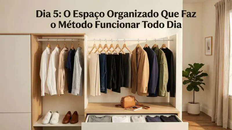 Guarda-roupa modular organizado com as 12 peças da capsula minimalista em cabides iguais e espaço entre pecas no Dia 5