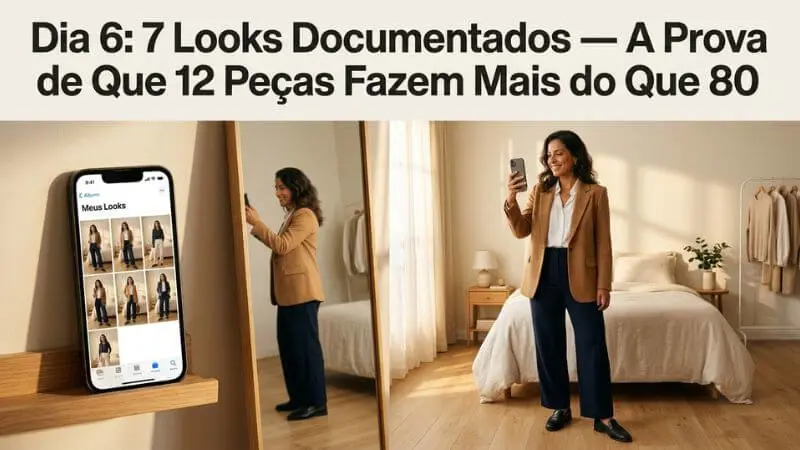 Mulher brasileira fotografando look capsula minimalista no Dia 6 do tutorial com álbum de 7 looks documentados no celular