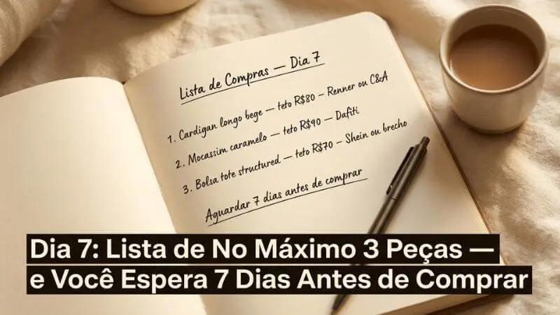 Notebook aberto com lista de compras intencional de 3 peças do Dia 7 do tutorial de guarda-roupa capsula minimalista