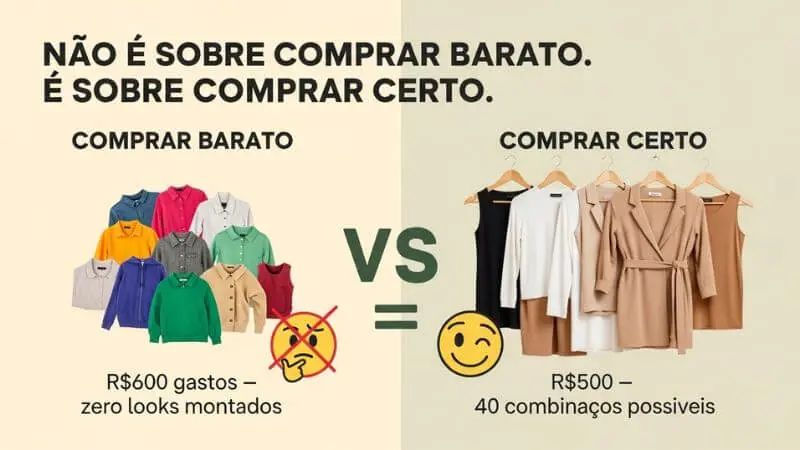 Infográfico comparando comprar barato versus comprar certo no guarda-roupa capsula: 12 peças aleatórias versus 8 pecas estratégicas