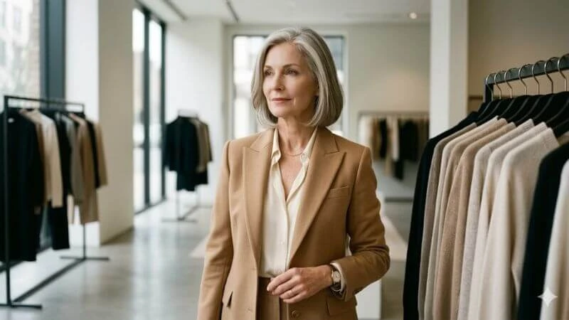 Mulher de 60 anos, elegante, usando blazer camel sob medida e blusa de seda, sorrindo em uma boutique minimalista.