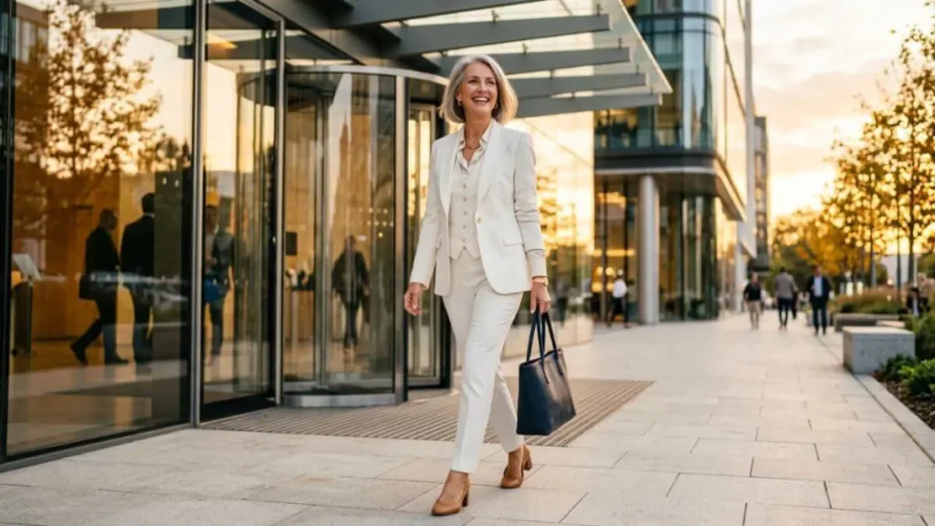 Mulher madura e confiante vestindo terno branco impecável sob a luz do sol.
