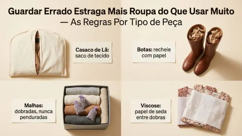 Painel explicativo mostrando como guardar corretamente casaco de lã em saco de tecido, botas recheadas com papel, malhas dobradas e viscose com papel de seda.
