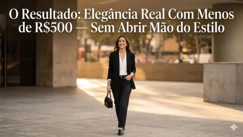 Mulher brasileira elegante e confiante com look completo das 8 peças do guarda-roupa capsula por menos de R$500