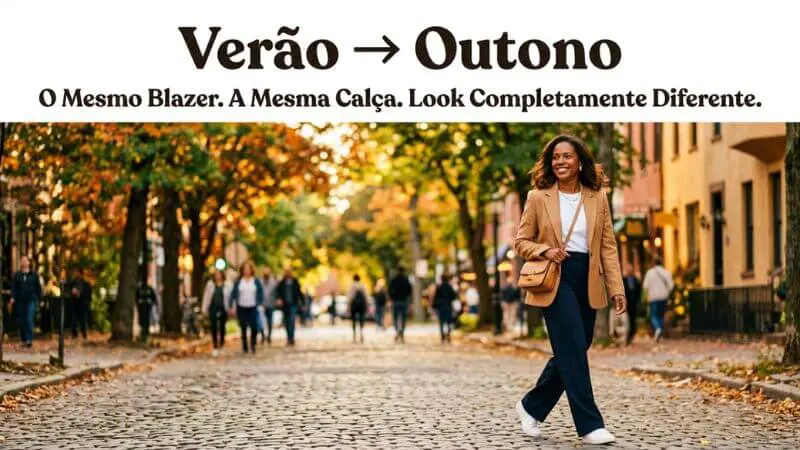 Mulher a caminhar numa rua arborizada com tons de outono, vestindo blazer bege, calças escuras e sapatilhas brancas, carregando uma mala a tiracolo.