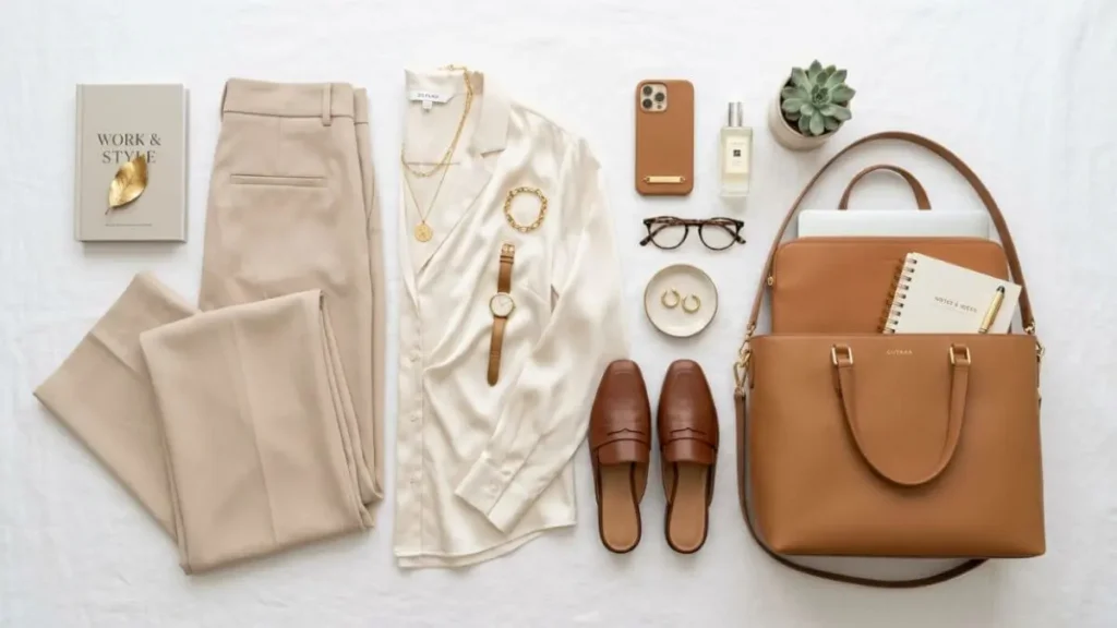 Flatlay de roupas femininas de trabalho incluindo calça bege e blusa de seda.