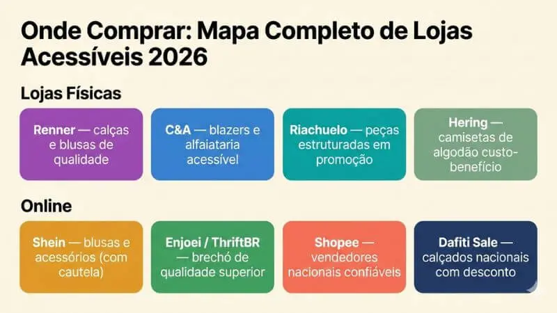 Infográfico com mapa de 8 lojas acessíveis no Brasil para montar guarda-roupa capsula econômico: físicas e online