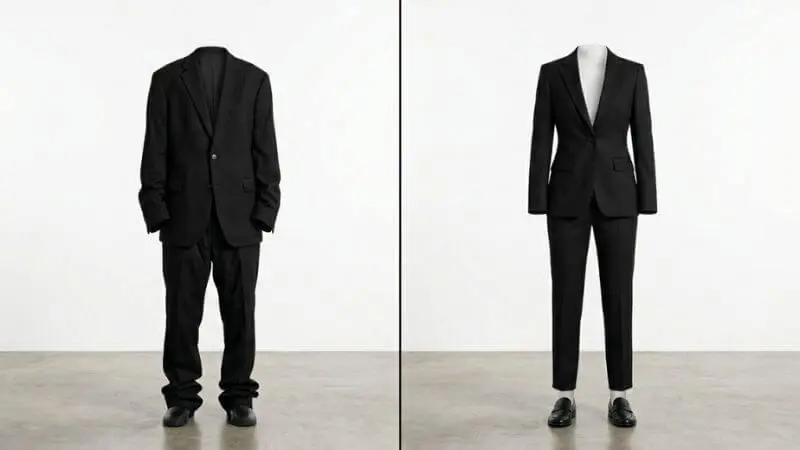 Manequim mostrando a diferença entre um terno de alfaiataria mal ajustado (largo e franzido) e um ajustado sob medida (linhas limpas e elegantes).