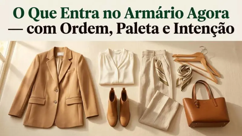 Conjunto de roupas de meia-estação (blazer camel, calças bege, botas e lenço) dispostas de forma organizada sobre uma superfície neutra, prontas para entrar no armário.