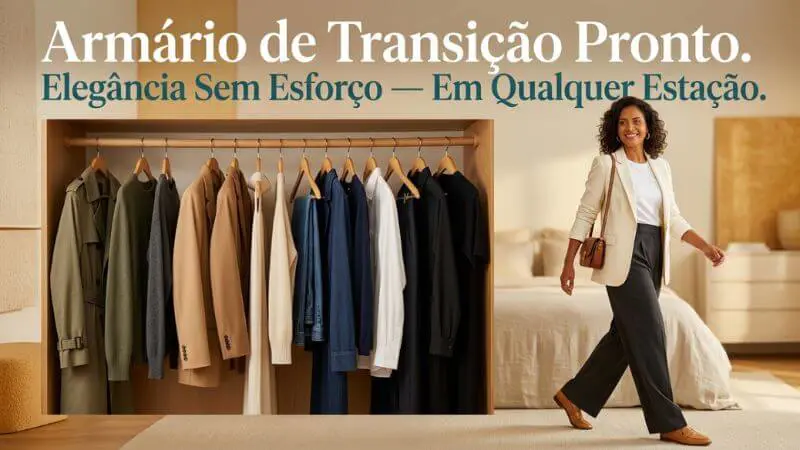 Mulher elegante em look de alfaiataria a caminhar ao lado de um armário cápsula aberto, com poucas peças penduradas e ambiente minimalista.