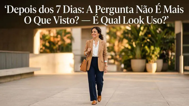 Mulher brasileira elegante e confiante com look capsula minimalista completo representando resultado após tutorial de 7 dias