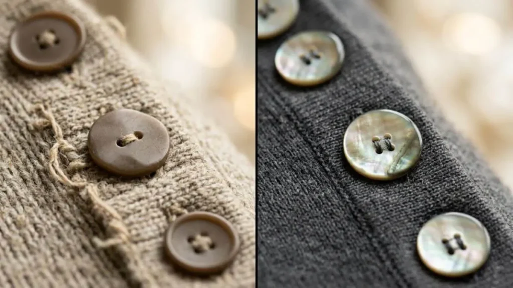 Comparação entre botões de plástico e botões de madrepérola sofisticados.
