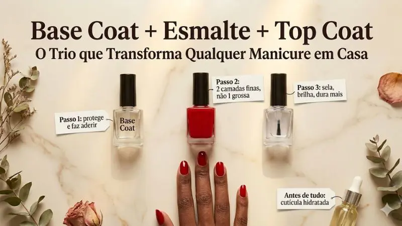 Fotografia estilo flat lay mostrando o trio essencial para uma manicure profissional em casa: Base Coat, Esmalte Vermelho e Top Coat. Inclui etiquetas de texto para o Passo 1 (protege e faz aderir), Passo 2 (aplicar camadas finas) e Passo 3 (sela e dá brilho), além de um lembrete para hidratar as cutículas primeiro. A mão de uma mulher de pele retinta é visível abaixo do frasco central de esmalte vermelho. Luz natural sobre superfície de mármore, estética limpa e minimalista. Assinatura Beleza Real
