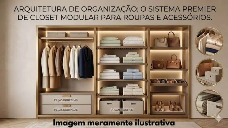 Visão frontal de um closet modular embutido de alto padrão, com estrutura de madeira clara e iluminação embutida em LED quente. O armário está meticulosamente organizado em três seções: a esquerda com casacos e camisas pendurados em cabides uniformes; a central com prateleiras de toalhas e lençóis dobrados em tons pastéis e caixas organizadoras de tecido; e a direita com nichos exibindo bolsas de couro de grife, cintos e sapatos de salto alto. O chão é de madeira em padrão espinha de peixe com um tapete neutro. À direita, três insets circulares mostram detalhes aproximados de roupas penduradas, bolsas e caixas de joias. O texto no topo, em letras maiúsculas pretas, diz: "ARQUITETURA DE ORGANIZAÇÃO: O SISTEMA PREMIER DE CLOSET MODULAR PARA ROUPAS E ACESSÓRIOS.