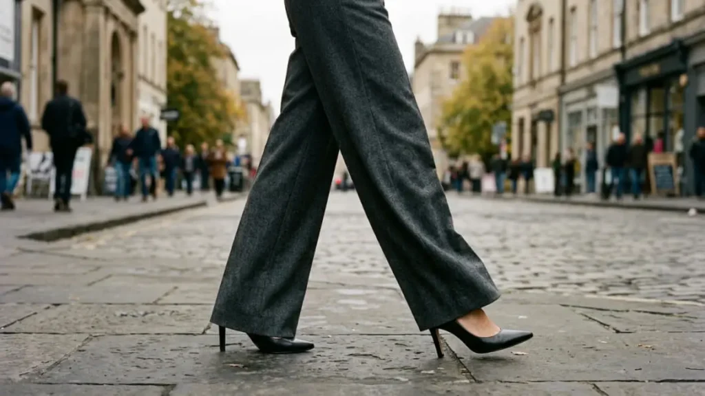 Close-up das pernas de uma mulher caminhando com calças wide leg cinza de tecido encorpado e sapatos de salto alto pretos.