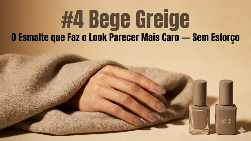Close editorial de mão com esmalte bege greige repousando sobre tecido de caxemira cor aveia criando a estética do luxo silencioso