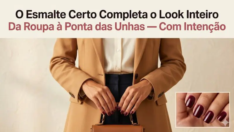 Mulher brasileira confiante com look completo de blazer camel e blusa de seda com esmalte vinho nas unhas mostrando como a cor correta completa o estilo de corpo inteiro