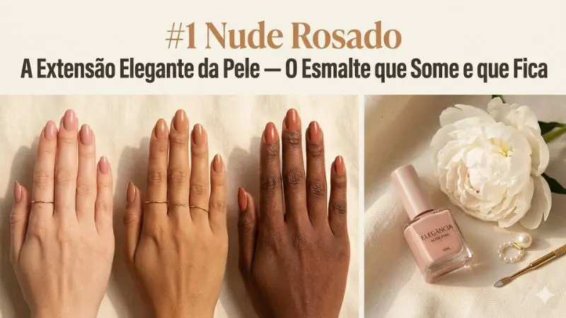 Close editorial mostrando esmalte nude rosado em três tons de pele diferentes — claro, médio e escuro — com a variação de tom correta para cada uma
