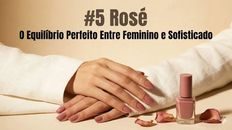 Close editorial de mãos com esmalte rosé sobre blazer branco de linho com pétalas de rosa secas ao lado do frasco representando a elegância feminina madura