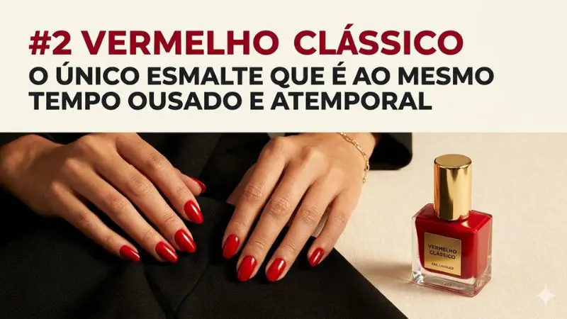 Close editorial de mãos com esmalte vermelho clássico sobre lapela de blazer preto destacando o contraste elegante e dramático da cor