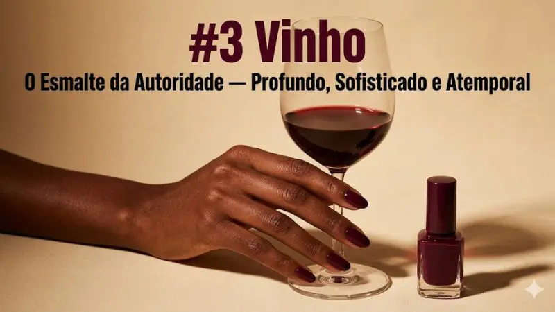 Close editorial de mão com pele escura com esmalte vinho bordô segurando taça de cristal criando conexão visual entre a cor do esmalte e a profundidade do vinho