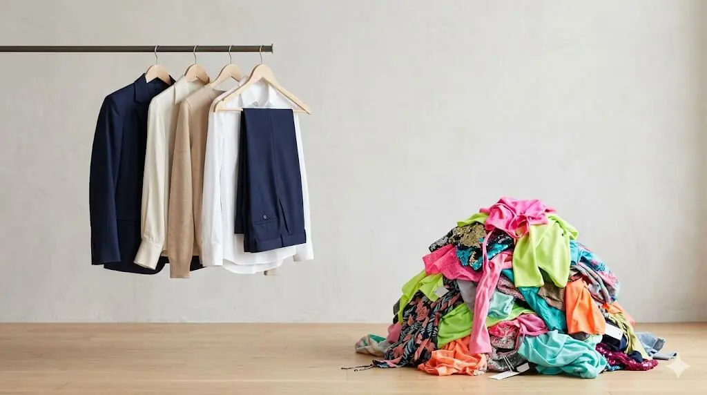 Arara minimalista com 5 peças coordenadas em tons de azul-marinho e branco contrastando com uma pilha desorganizada de roupas neon e lantejoulas no chão.