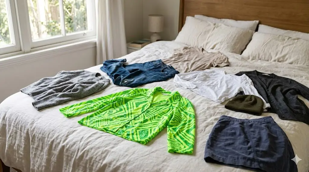 Uma blusa verde neon estampada isolada em cima de uma cama, cercada por peças básicas em tons de cinza e azul que não harmonizam com ela.