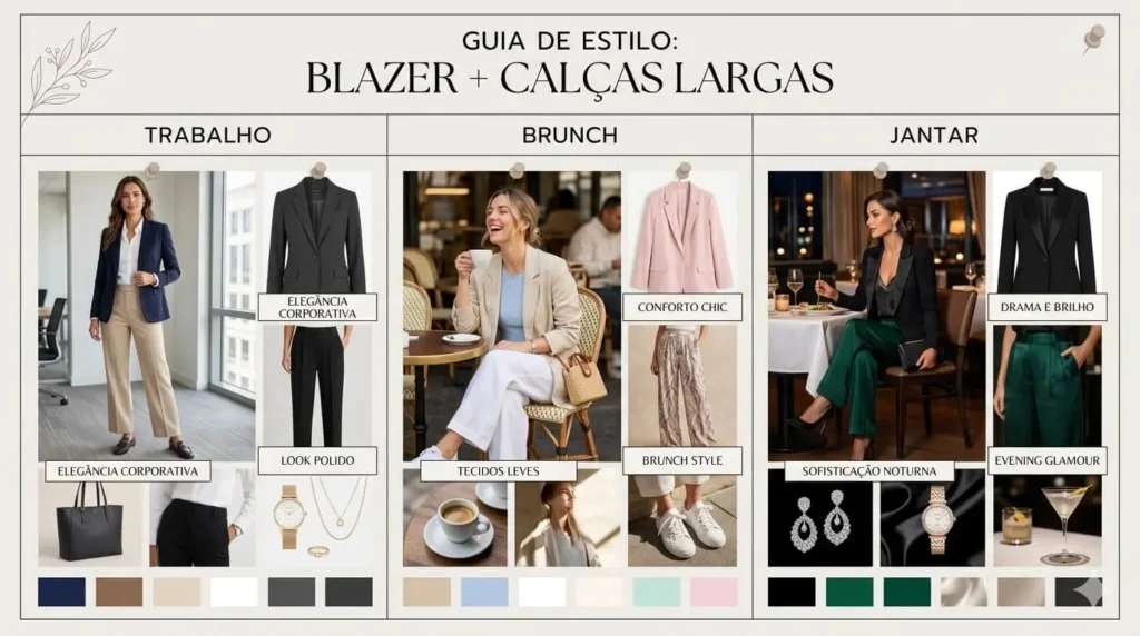 Infográfico estilo Pinterest mostrando três variações de looks com blazer e calças largas para trabalho, brunch e ocasiões noturnas.