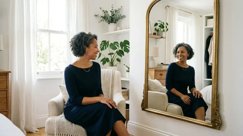 Mulher madura sorrindo ao olhar seu reflexo no espelho, vestindo um conjunto monocromático bege perfeitamente ajustado em um quarto iluminado.