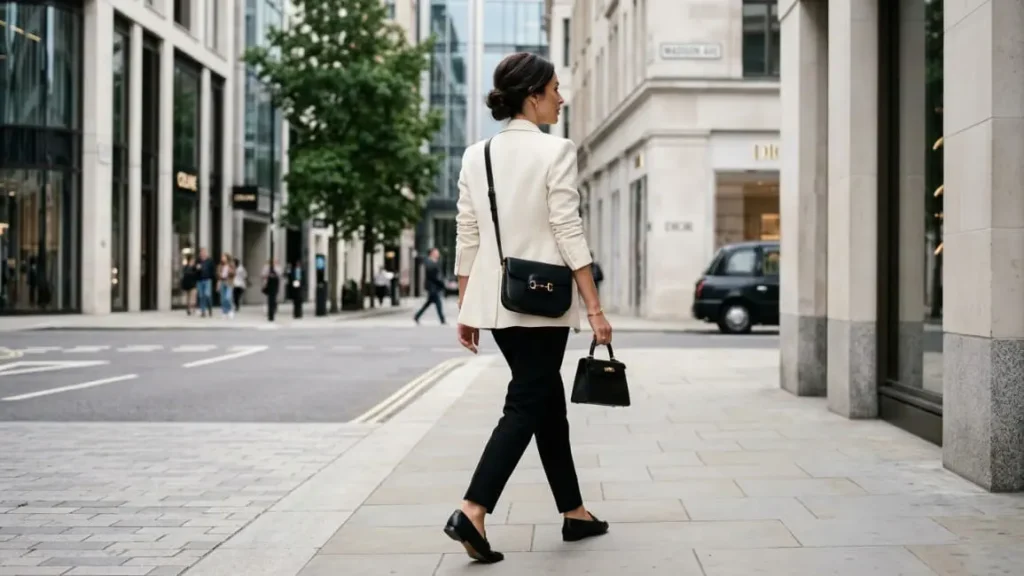 Vista traseira de uma mulher caminhando em uma rua de luxo vestindo blazer off-white, calça de alfaiataria preta e bolsa estruturada.