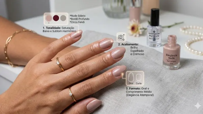 Infográfico com os três fatores que tornam uma cor de esmalte elegante: profundidade de tom, coerência com a pele e neutralidade versátil