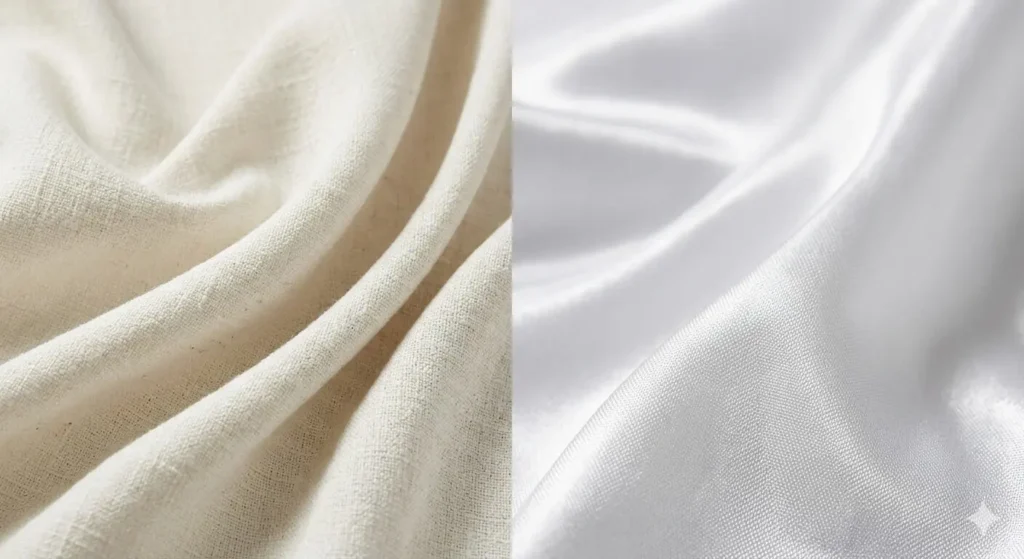 Close-up comparativo entre a trama rica e fosca de um tecido viscolinho de alta qualidade à esquerda e um tecido sintético brilhante de baixa qualidade à direita.