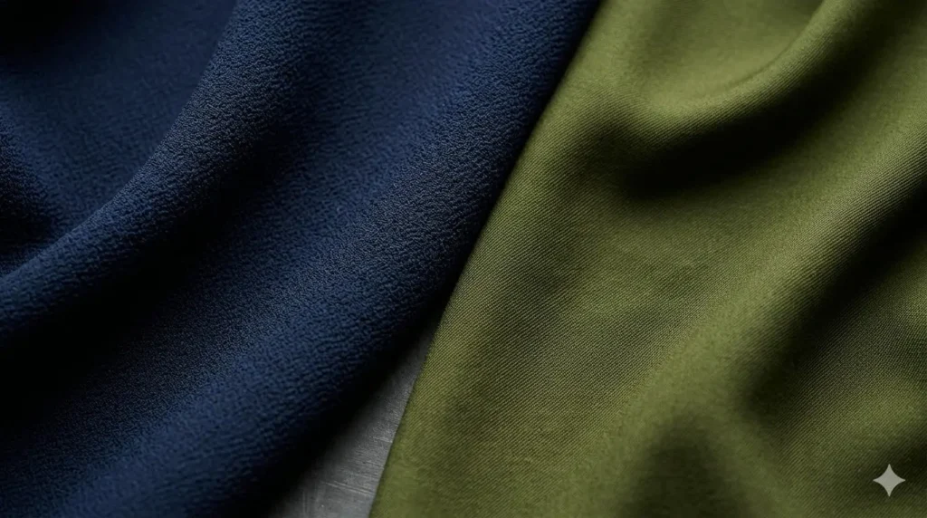 Fotografia macro detalhando a textura granulada de um crepe de alfaiataria azul e a maciez encorpada de uma viscose verde oliva.