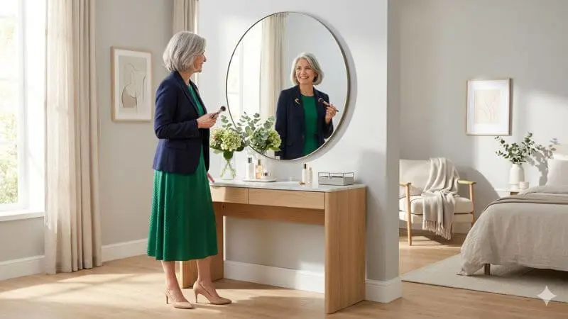 Mulher de 60 anos sorrindo para o espelho após se maquiar, sentindo-se confiante e elegante.